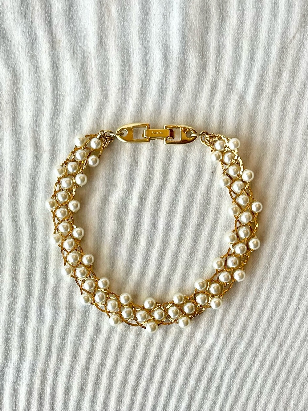 Vintage Napier Gold Tone Bracelet with Triple Row Cream Pearl Accents